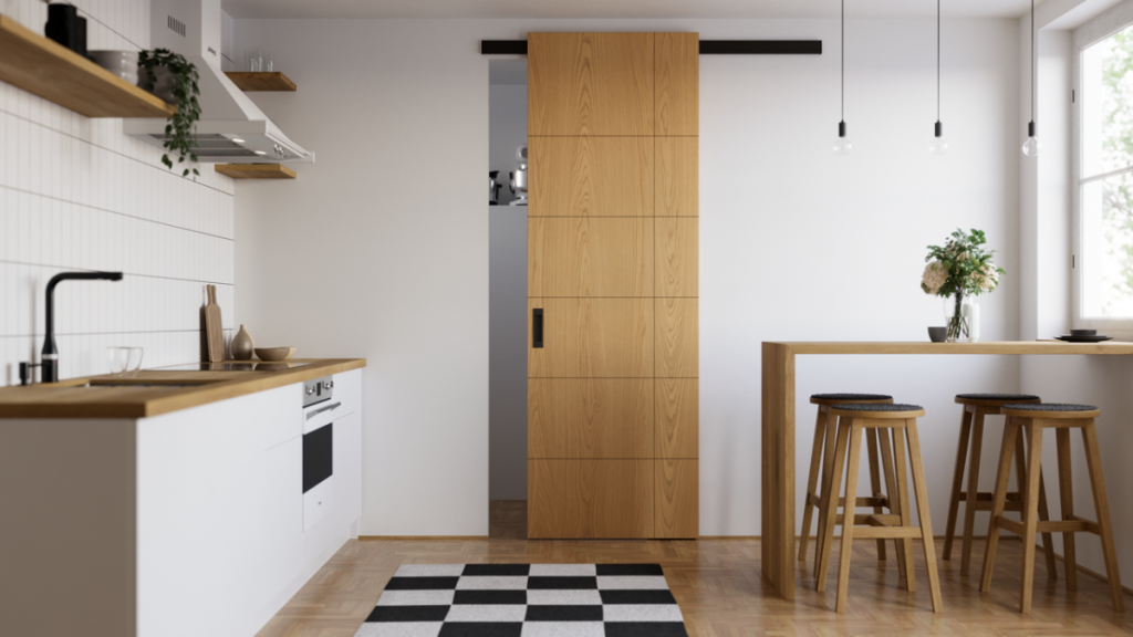 Natürliche Materialien geben hier den Ton, was sich auch bei der Wahl der Tür widerspiegelt.