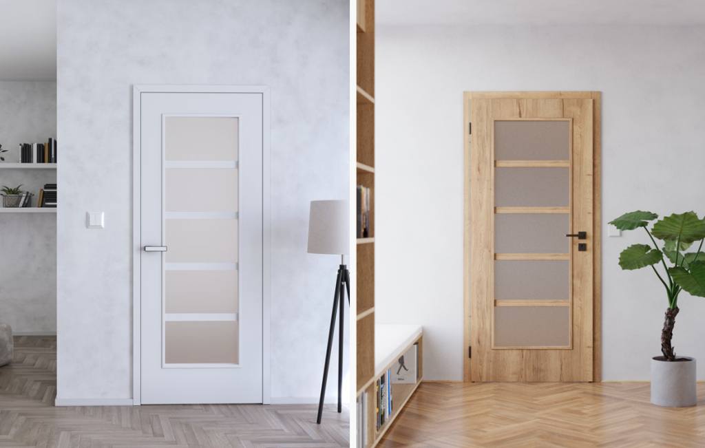 Schlichte Türen zu Böden mit Muster.