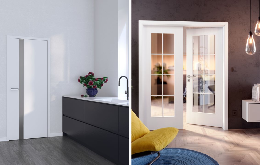 Ob wie links mit weißer oder wie rechts mit farbiger Wand, weiße Türen passen immer.